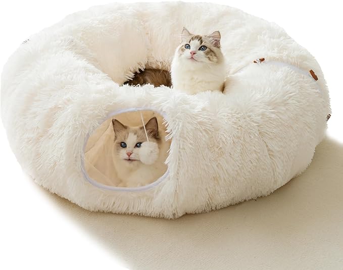 HIPIPET Winter Plush Cat Tunnel with Cat Bed for Indoor Cats,Multifunctional Cat Toys for Small Medium Large Cat.(White)