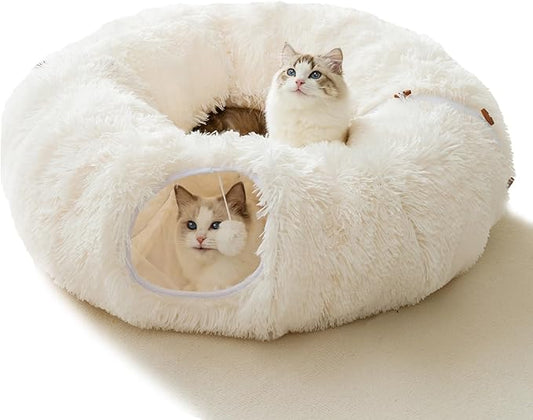 HIPIPET Winter Plush Cat Tunnel with Cat Bed for Indoor Cats,Multifunctional Cat Toys for Small Medium Large Cat.(White)