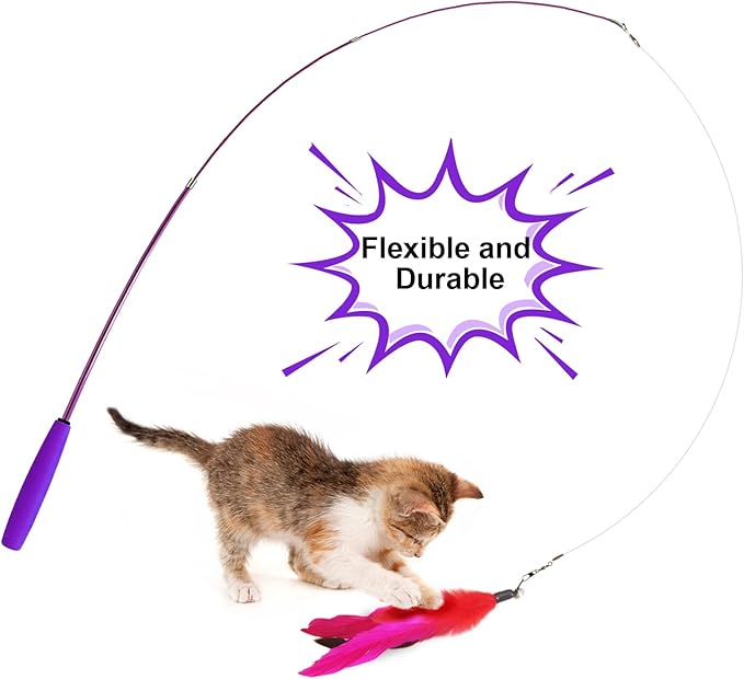 Cat Toys, 2PCS Retractable Cat Feather Toys, 10PCS Replacement Teaser Refill, 1PC Rainbow Ribbon Wand Interactive Kitten Toys for Indoor Cat Make Exercise