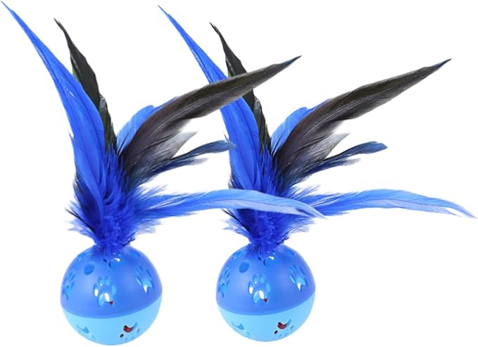 BeeSpring Cat Balls Interactive Cat Toy Cat Feather Balls with Loud Bell Inside (2Pcs Blue)
