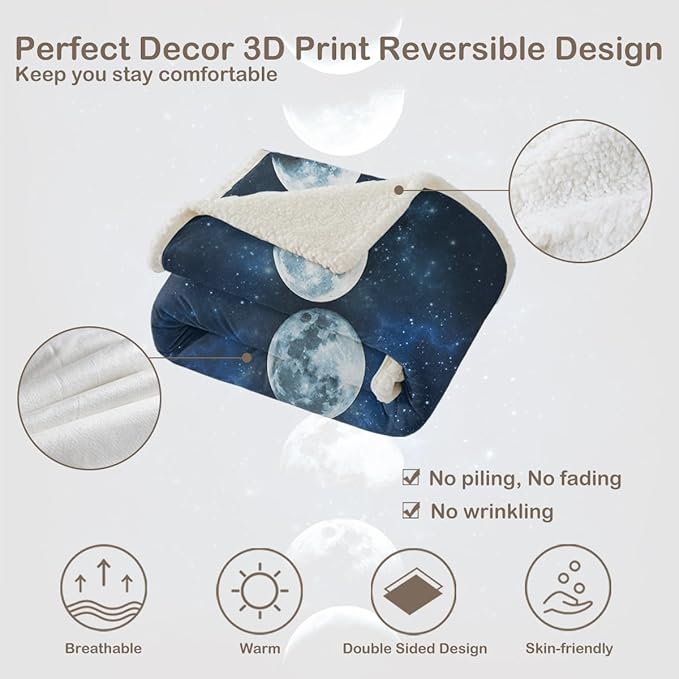 Sleepwish Lunar Eclipse Fleece Throw Blanket for Couch Chair Fuzzy Dark Blue Moon Phases Print Plush Sherpa Blanket for Kids, King(108"x90")