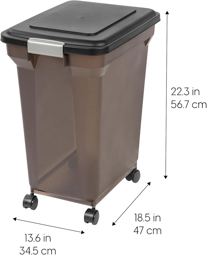 IRIS USA WeatherPro Airtight Dog Food Storage Container, Up to 42 lbs, Attachable Wheels, For Dog Cat Bird and Other Pet Food Storage Bin, Keep Fresh, Easy Mobility, BPA Free, Smoke/Black