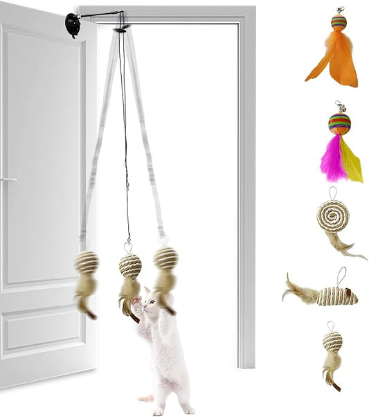 Retractable Hanging Door Cat Toy with Super Suction Cup,Hanging Interactive Cat Feather Toys with 5 Replaceable Feathers,Interactive Door Hanging Teaser cat Toys for Indoor Cats