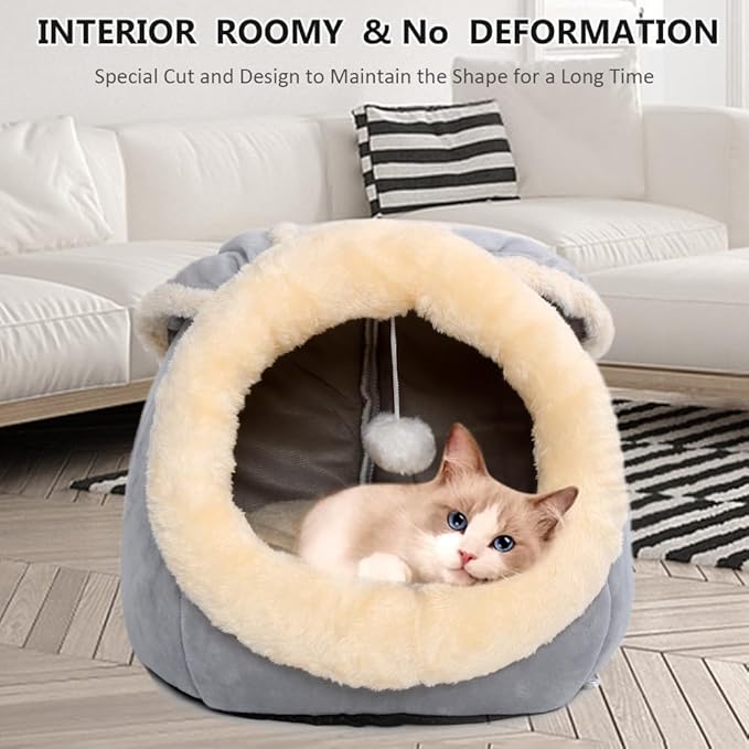Cat Beds for Indoor Cats - Rabbit-shaped Cat Cave Bed with Hanging Toy,Super Soft Calming Pet Bed for Kitten&puppy,Small Dog,Warm Plush&Machine Washable&Removable Cotton Pad,Cat Hideaway(Grey M)
