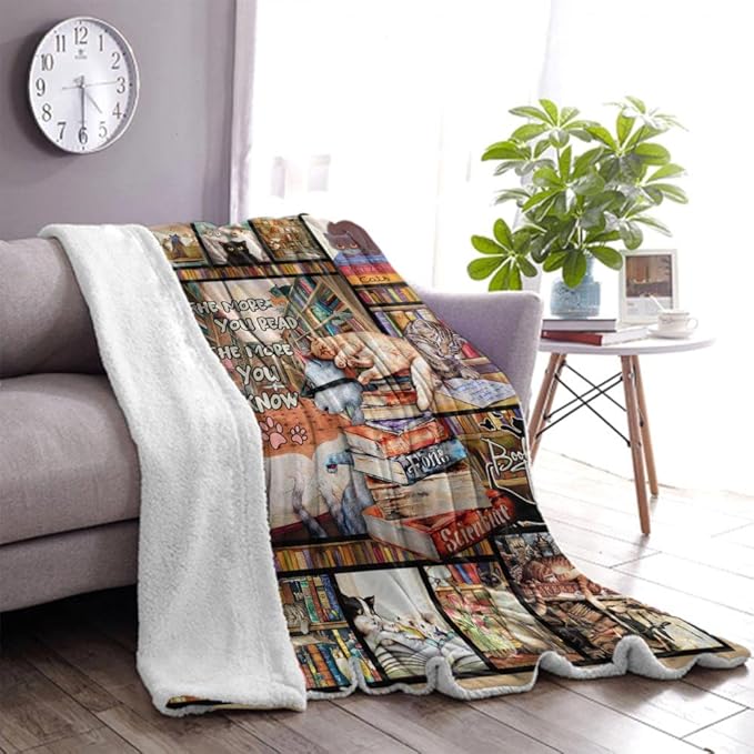 Book Lovers Gifts Throw Blanket,Cat Gifts for Cat Lovers Blanket,Cat Lover Gifts for Women,Gifts for Book Lovers, Soft Cat and Books Blanket for Sofa Couch Beds Decoration Christmas 50x60