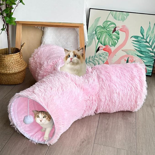 Cat Tunnel Tube Toys, Tunnels for Indoor Cats Soft Warm Pink Plush, 3 Way Collapsible Interactive Toy Maze House with Peek Hole Dangling Ball for Rabbit, Puppy, Kitty, Kittens