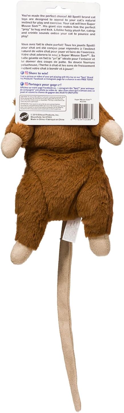 SPOT Super Mouse Sam with Catnip - Lifelike Cat Toy, Fuzzy Mice with Catnip and Crinkle Sound, Extra Large Size for Cuddling, Kicking, Chasing, Playing - 11in Plush Toys, Assorted Colors