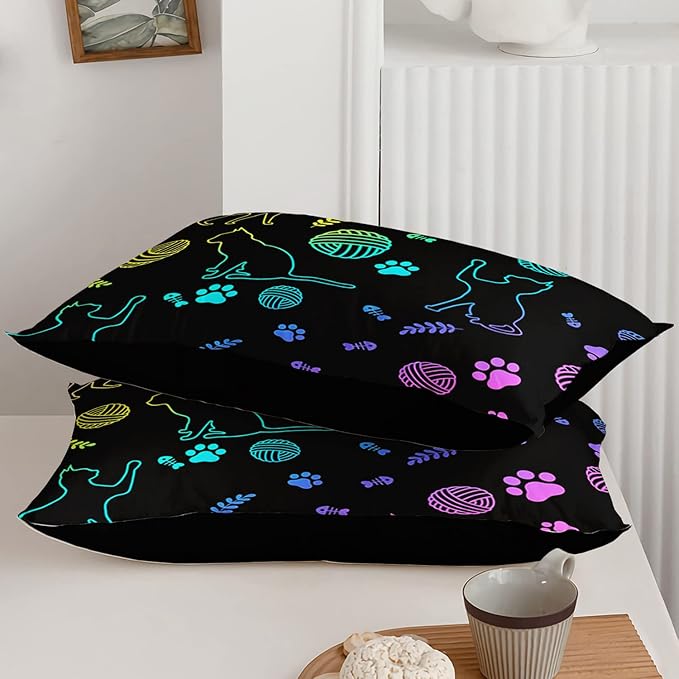 Black Cat Bedding Cartoon Cat Comforter Set Twin,Neon Cat Paw Ball of Yarn Printed Kids Bedding for Cat Lover Boys Girls Adults Room Decor,Kids Comforter,1 Quilt 2 Pillow Cases,Neon Color Purple Blue
