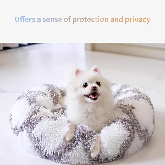 Dog Bed for Indoor, Faux Fur Calming Dog & Cat Bed 24' Anti-Anxiety Donut Soft Plush Cushion for Small Medium Dogs & Cats with Slip-Resistant Bottom (Grey+White)