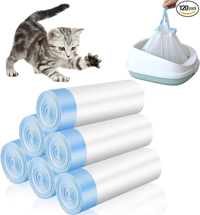 120 Pack Cat Litter Box Liners with Drawstring Cat Litter Bags Replacement Waste Bags for Litter Box Robot 3/4 Self-Cleaning Kitty Litter Box Trash Bags(25" x 15.7")