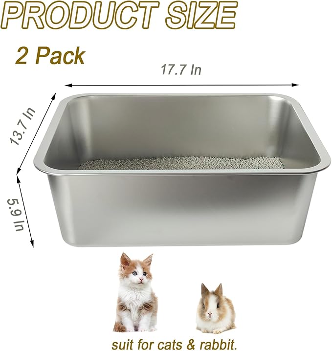 2 Pack Stainless Steel Cat Litter Box, 17.7" X 13.8" X 5.9" Litter Box for Kittens Open Metal Litter Box for Small to Medium Cats, Rabbits
