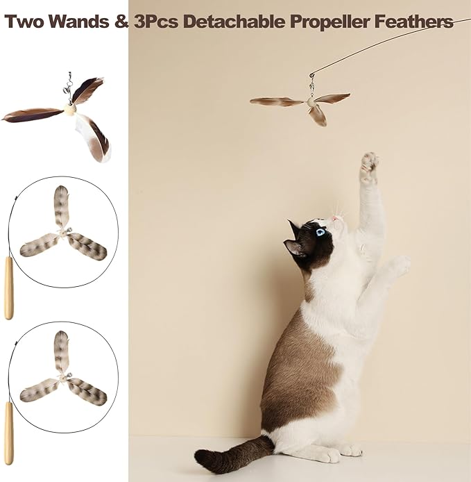 Kingtree Cat Teaser Wand Toys, Interactive Feather Cat Wand Toy with 5 Bell Feather Refills & 2Pcs 35'' Flexible Steel Wire Wood Handle Wands, Cat Feather Toys for Indoor Cats to Play Chase Exercise