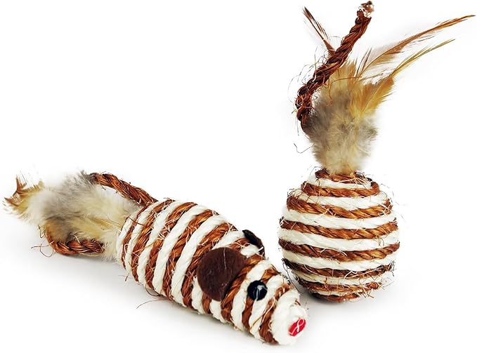 Cat Toys Set with Sisal Rope & Feathers Ball and Mouse - 2 Pack, Interactive Toys for Indoor Cats,Kittens