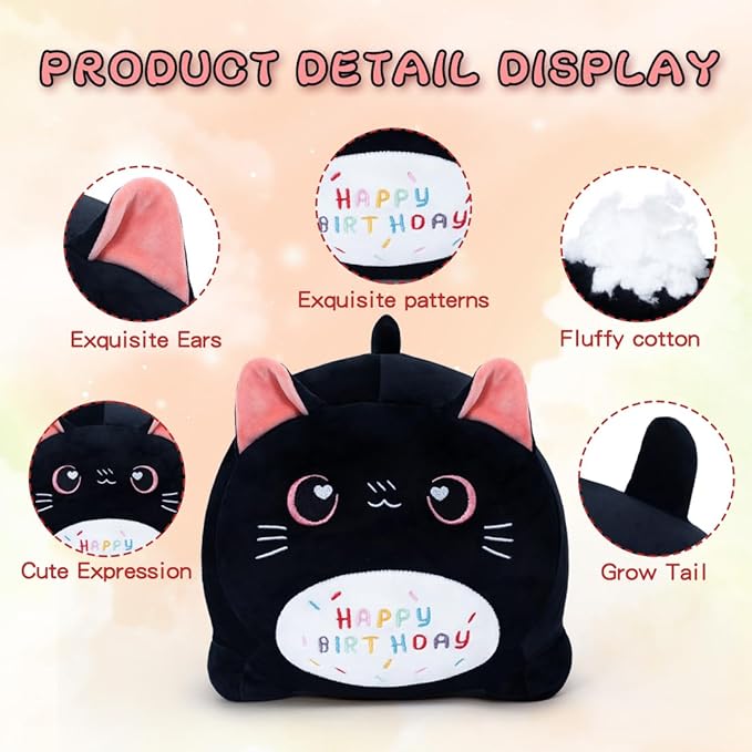 Birthday Cat Plush Pillow Stuffed Animal Toy, Black Birthday Cat Plush Stuffed Animals, Soft Cat Plush Pillow for Kids(Black Cat, 25cm/9.8inch)