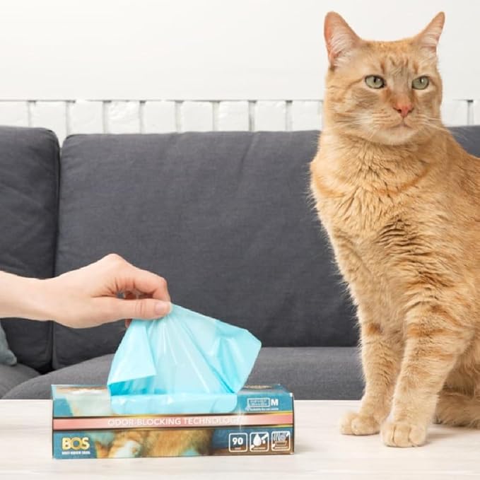 BOS Amazing Odor Sealing Cat Waste Disposal Bags - Durable and Unscented [Size: M, Color: Light blue] (90 Count, Pack of 1) (90 Bags)★Brand-new packaging design!! ★NOT a litter box liner