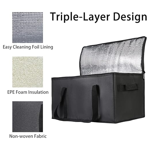 Bodaon Insulated Food Delivery Bag, 22" x 10" x 10" Insulated Pizza Delivery Bags for Hot/Cold Food, Black, 1-Pack