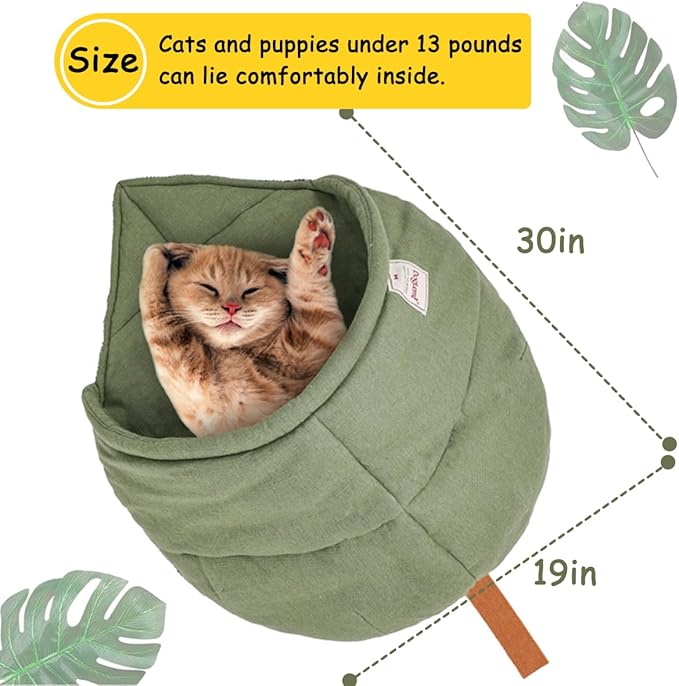 Cat Sleeping Bag,Linen Fabric Cat Bed Cave Leaf Nest Pet Cuddle Zone Covered Hide Hood Burrowing Cozy Soft Durable Washable with Non-Slip Bottom for Indoor Puppy and Kitten (Green with Support)