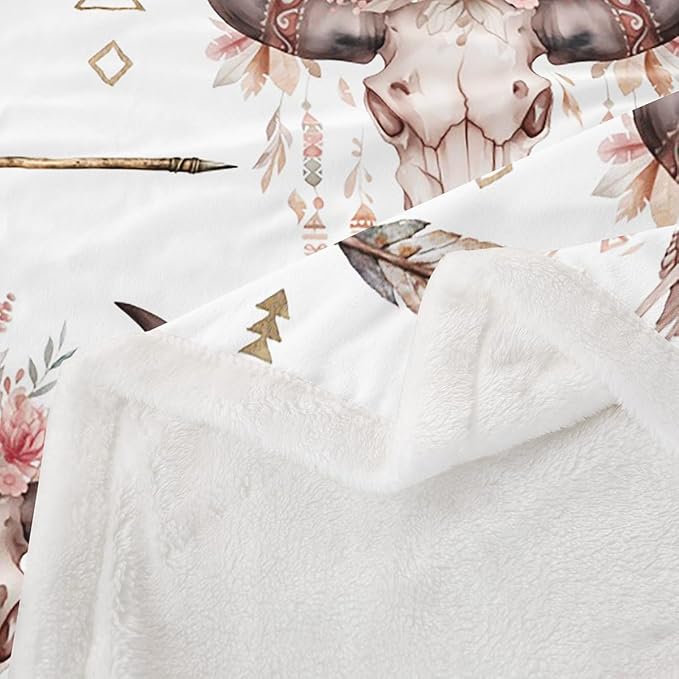 Feelyou Bull Skull Throw Blanket for Girls Women - Boho Arrow Floral Bohemian Wild Animal Skeleton Fleece Sherpa for Bed Couch Chair Decor - Tribal Exotic Fuzzy Soft King 87"x95"
