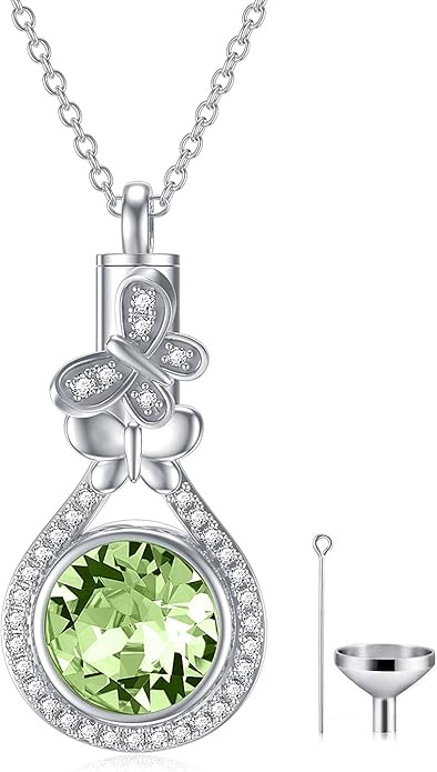AOBOCO Butterfly Urn Necklace for Ashes 925 Sterling Silver Butterfly Cremation Jewelry Memorial Keepsake Pendant with 12 Months Birthstone Crystal from Austria