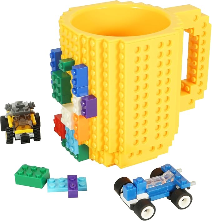 Build-on Brick Coffee Mug, Funny DIY Novelty Cup with Building Blocks Creative for Kids Men Women Xmas Birthday (Yellow)
