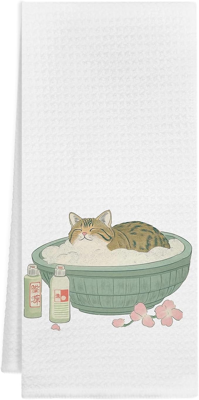 Cute Orange Tabby Cat Bathroom Hand Towels, Cat Lover Gifts, Japanese Bathtub Kitten Bathing Decorative Hand Towels for Bathroom Decor, 16x24 Inch