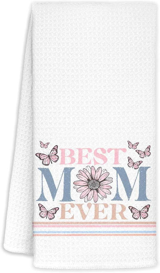 Best Mom Ever Kitchen Towels Decorative, for Mom from Sons Daughters Dish Towels, Best Mom Birthday Gifts Hand Towels Drying Cloth for Kitchen Bathroom Decor, 16x24 Inch