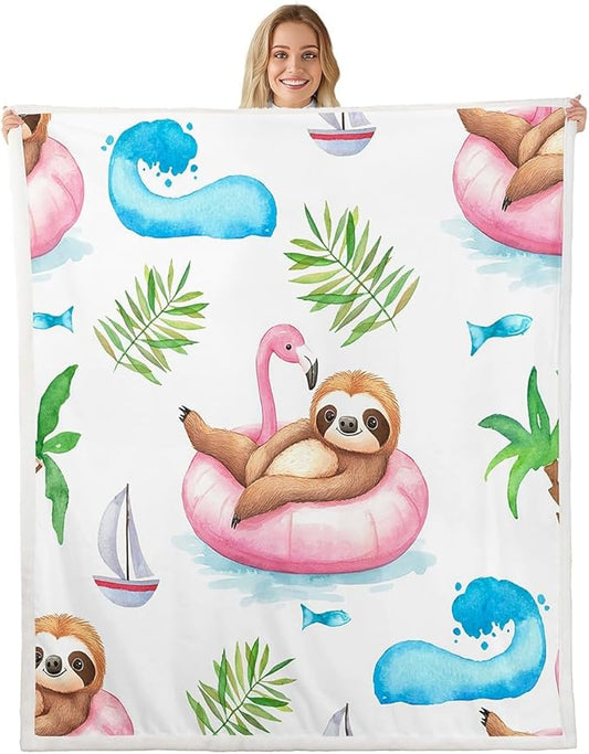 Tropical Animal Plush Blanket Cute Sloth Fleece Throw Blanket for Sofa Couch Bed Flamingo Float Sherpa Blanket Cartoon Sloth Hawaiian Summer Vacation Fuzzy Blanket Room Decor Throw 50x60 Inch