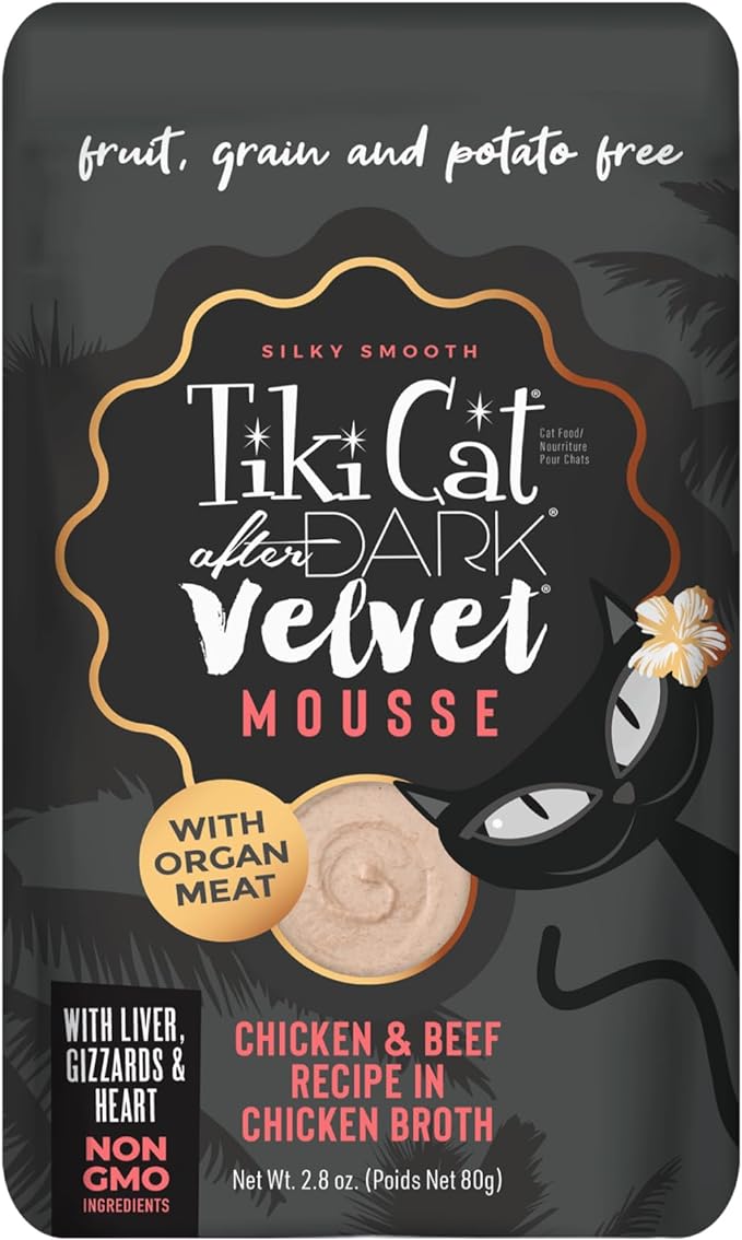 Tiki Cat After Dark, Velvet Mousse, Chicken & Beef Recipe in Chicken Broth, Grain & Potato Free Formula, with High Protein & Nutrient Dense Blended Irresistible Organ Meat, 2.8 oz. Pouch (Pack of 12)