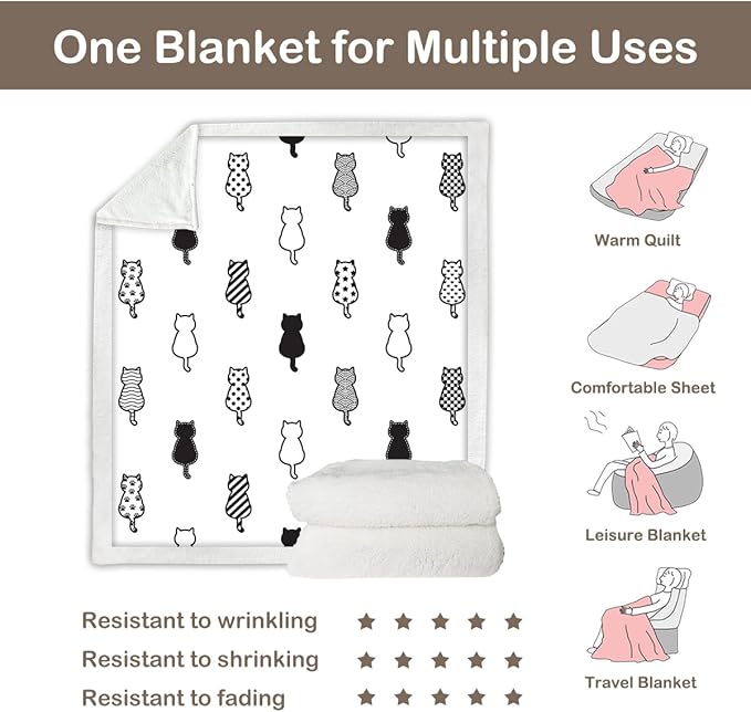 Sleepwish Black White Cat Sherpa Blanket Polka Dot Star Paw Prints Fleece Throw Blanket for Kids Girls Napping Blanket for Cat Lovers, King(108"x90")