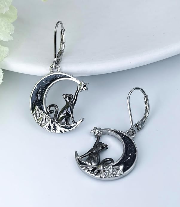 Black Cat/Bat/Spider/Pumpkin/Wolf/Bunny/Sun and Moon/Turtle/Raven 925 Sterling Silver Leverback Dangle Earrings Moon Gothic Christmas Earrings Jewelry Gift for Women