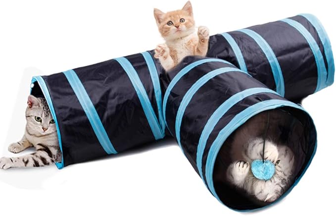 Cat Tunnel, Andiker Cat Tunnel Pet Tube Collapsible Play Toy Indoor Outdoor Toys for Puzzle Exercising Hiding Training and Running with Fun Ball and 2 Holes (Blue)