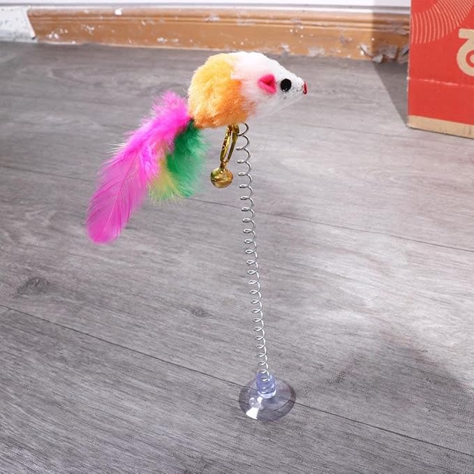 Pokinge 5pcs Simulation Mouse Feather Cat Toys Teaser Stick for Kitten Dogs Playing Interactive Stick with Suction Cup and Bells Scalable Pet Supplies