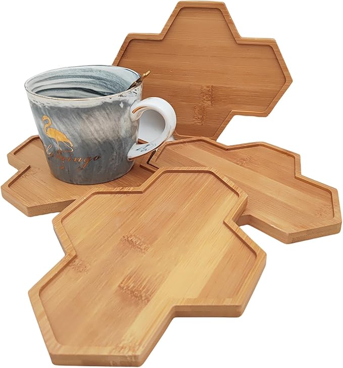 4PCS Mosaic Bamboo Coasters for Crafts, Blank Base Trays, Drinking Cup Coaster, Plant Coaster, Art Plate,DIY Mosaic Supplies (Hexagonal Platter)