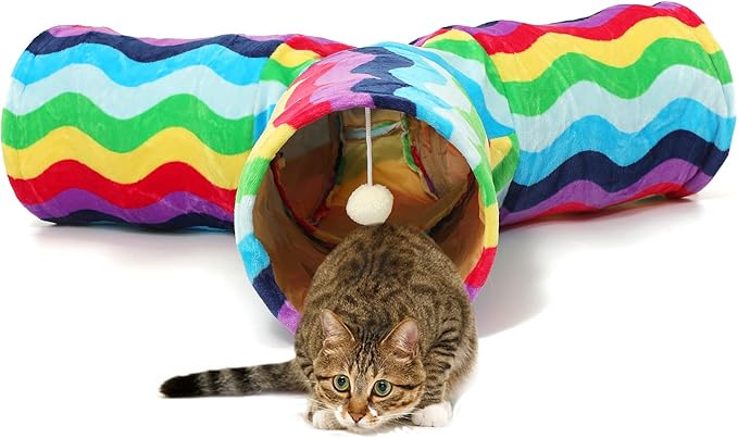 LUCKITTY Cat Tunnel - 3 Way-Shaped, Rainbow Wave Color, Soft Velvet Exterior, Oxford Fabric Fog-Proof Interior, Plush Toy Ball, Easily Washable, Conveniently Foldable