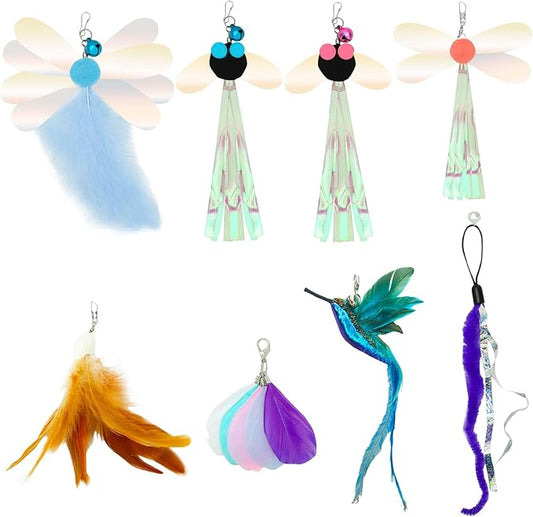 8 Pieces Cat Insect Feather Toys Replacement Cat Toy Wand Refills Interactive Cat Teaser Wand Attachments with Bell for Cat Toys