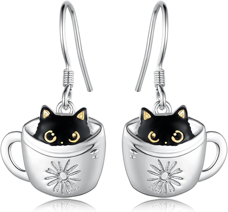 Black Cat Earrings 925 Sterling Silver Mushroom Cat/Black Cat/Panda/Sloth/Capybara/Boston Terrier/Shih Tzu Dangle Earrings Cute Animal Drop Earrings Jewelry Gifts for Women