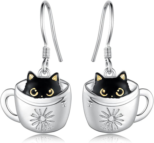 Black Cat Earrings 925 Sterling Silver Mushroom Cat/Black Cat/Panda/Sloth/Capybara/Boston Terrier/Shih Tzu Dangle Earrings Cute Animal Drop Earrings Jewelry Gifts for Women
