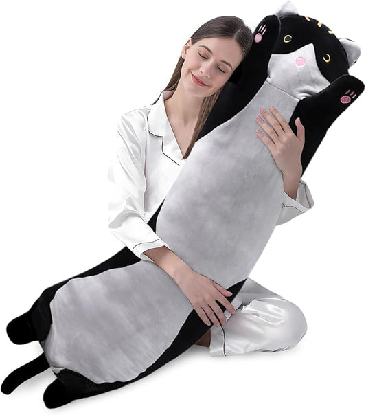 shangman Lovely Plush Cat Doll Cute Cartoon Soft Stuffed Kitten Pillow Long Throw Sleeping Pillow Doll Toy Valentines Day Gift for Kids Girlfriend (Black, 130cm/51.1in)