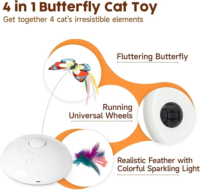 Potaroma Smart 4 in 1 Cat Toys, Interactive Butterfly Cat Toy, Running Moving Kitten Toys, 2.0" Height, White for All Breed Sizes