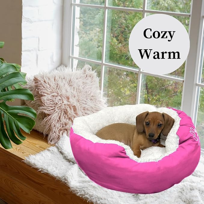 Evelots Warm Pet Bed for Cats or Small Dogs - Calming, Anti-Anxiety, Soft, Cozy Donut Cuddler -Removeable Fluffy Sherpa Insert- Machine Washable -Fleece Lining- Non-Slip Bottom -Assorted Colors