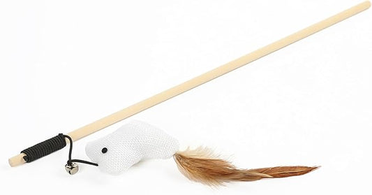 Wood Handle Teathered & Feathered Play Wand Cat Toy (Small Chick) for All Breed Sizes