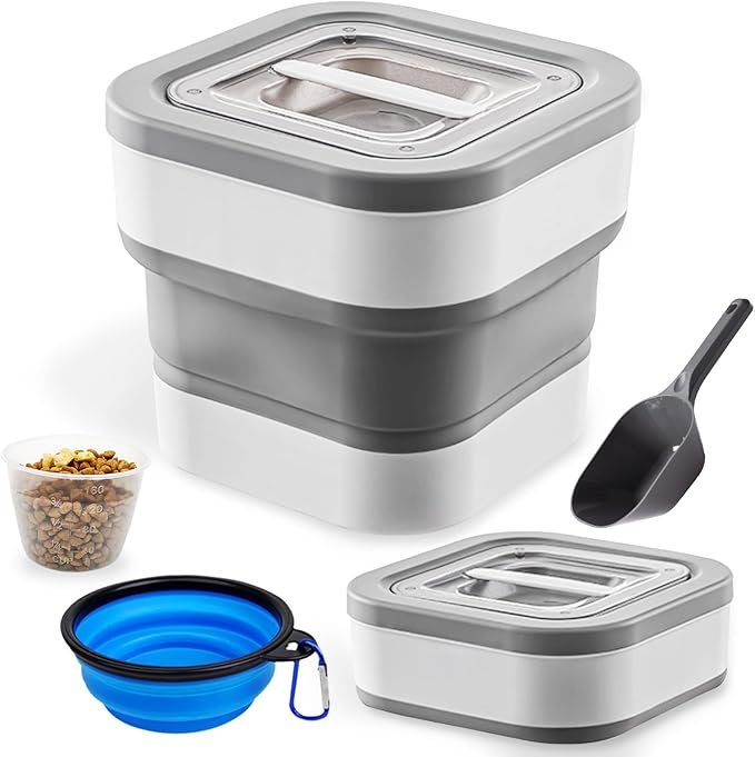 BNOSDM Collapsible Dog Food Storage Container, 5-13 Lbs Cat Food Bin Pet Storage Container with Magnetic Lid, Folding Bowl, Scoop and Measuring Cup for Dog Cat Pet Dry Food