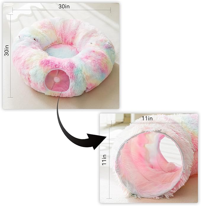 HIPIPET Winter Plush Cat Tunnel with Cat Bed for Indoor Cats,Multifunctional Cat Toys for Small Medium Large Cat. (Rainbow)