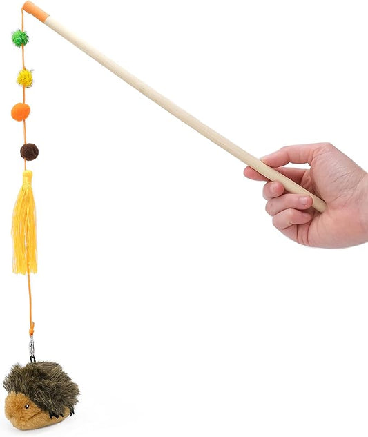 ZippyClaws Hedgehog ZippyStick - Interactive Cat Toy Wand for Indoor Cats & Kittens, Cute Kitty Toys for Boredom, Fun Teaser Stick with Feathered Tassles & Plush Dangling Toy