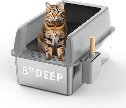 8" Deep Stainless Steel Cat Litter Box with Lid, Extra Large Metal for Large Cat, Kitty Litter Box with High Sides Enclosure for High Peeing Cat, Easy Cleaning, Non-Sticky, Leak-Proof