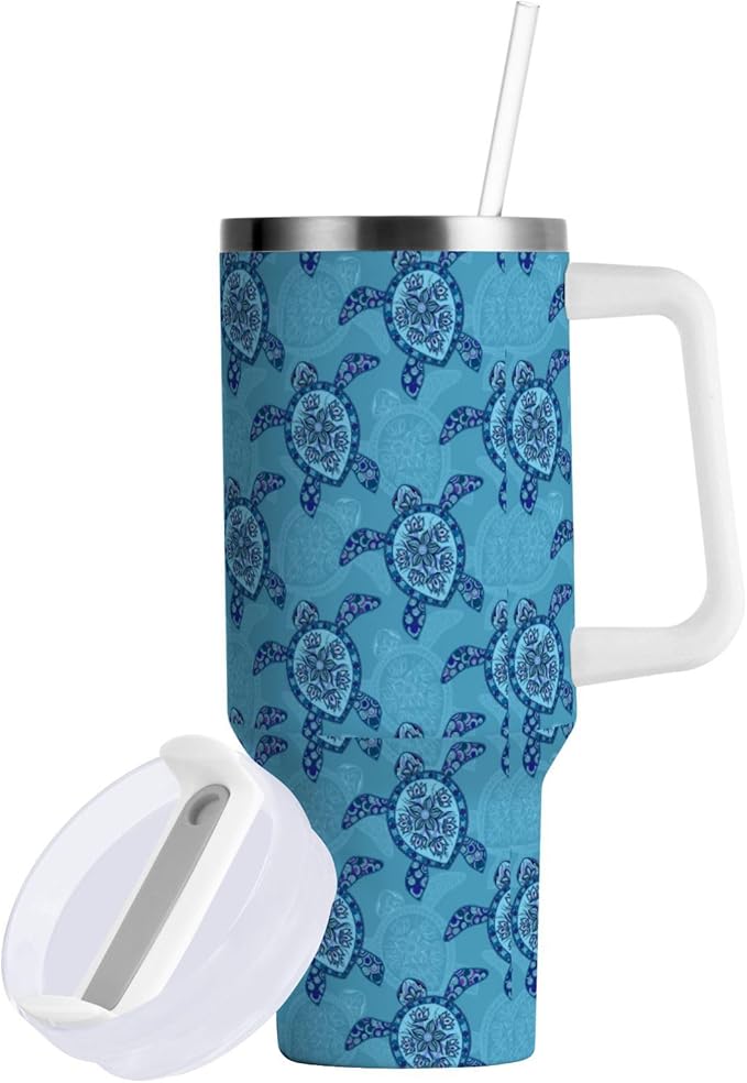 Boccsty Cute Blue Turtles Insulated Tumblers Ocean Sea Animal Reusable Stainless Steel Tumbler 30 oz Cup Coffee Travel Mug Water Bottle with Handle & Flip Straw for Home Office Car