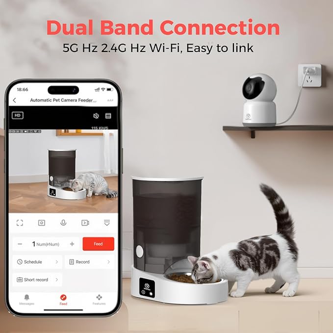 Automatic Cat Feeder and External Camera(2.4/5G WiFi), Rechargable 5G WiFi Pet Feeder with APP Control, 1080P HD Video with Enhanced IR Night Vision,Two-Way Voice Call Camera