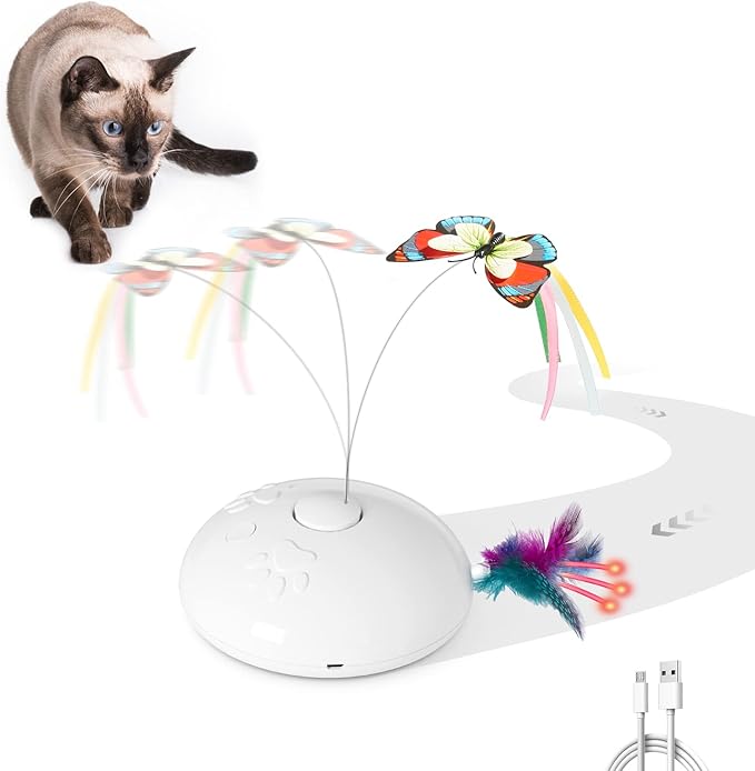 Potaroma Smart 4 in 1 Cat Toys, Interactive Butterfly Cat Toy, Running Moving Kitten Toys, 2.0" Height, White for All Breed Sizes
