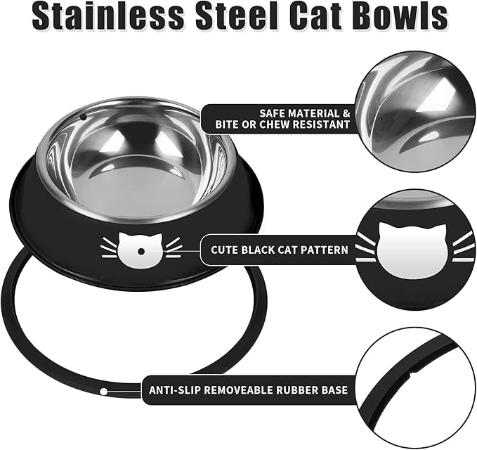 2Pcs Cat Bowls Non-Slip Stainless Steel Small Cat Food Bowls Unbreakable Thicken Cat Feeder 13 Oz Cat Dishes Suitable for Indoor Small Pets Removable Rubber Base Easily Clean Lovely Color