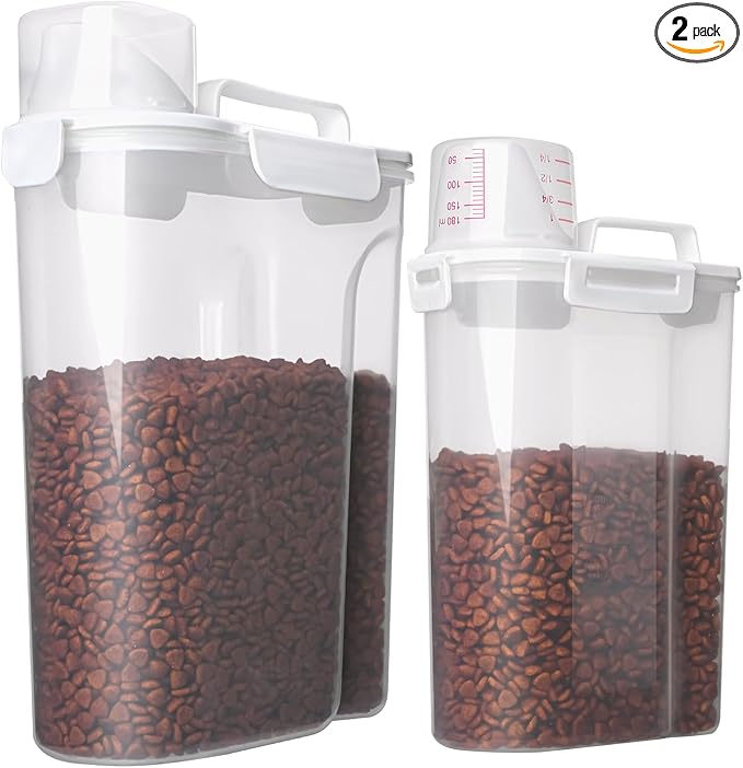 Dog Food Storage Container, 5-7 Lbs Airtight Pet Food Container, Cat food Container Dispenser with Portable Handle, Pouring Spout and Measuring Cup for Dogs Cats 2Pack White/6Qt